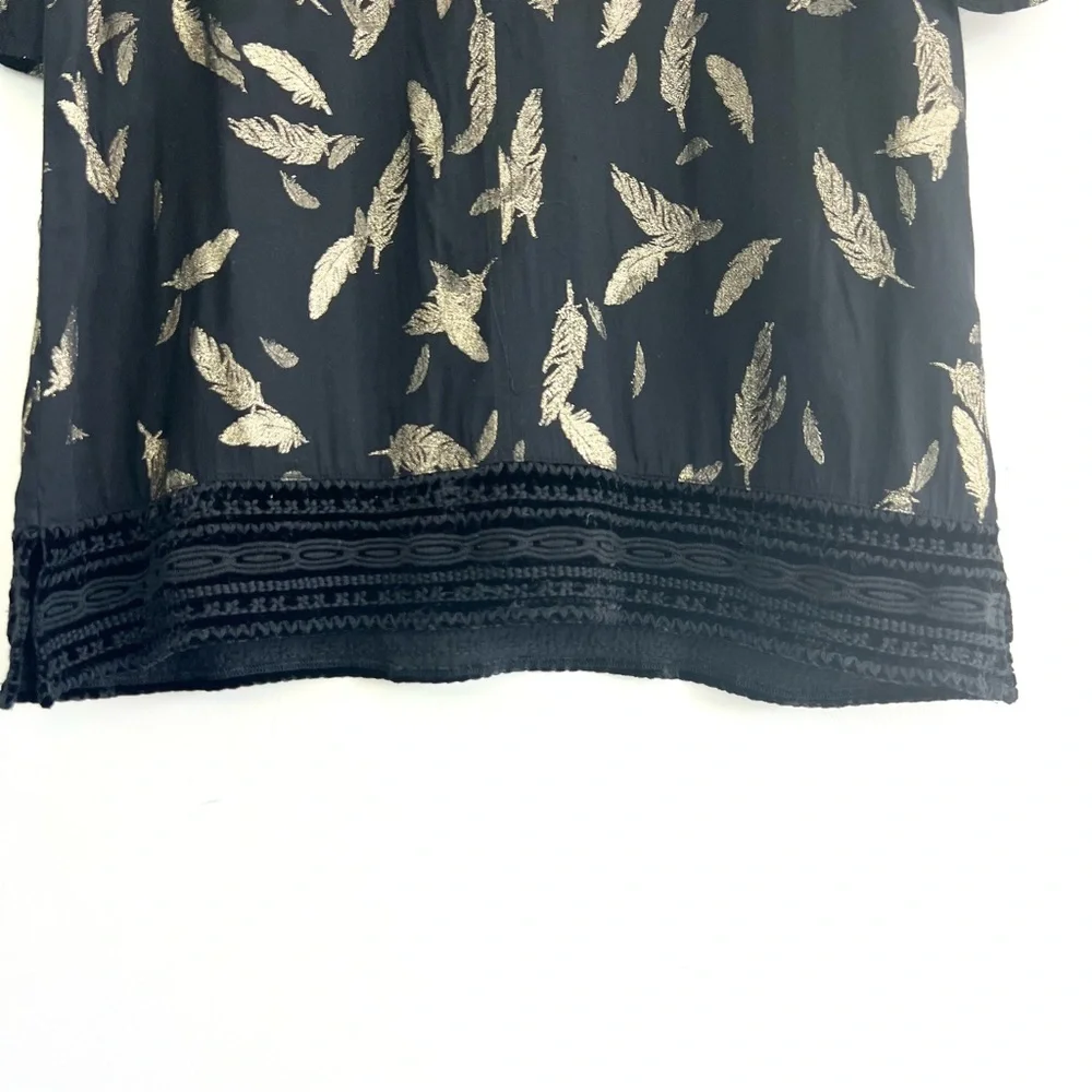 JOHNNY WAS Workshop Black Metallic Gold Feathers Embroidered Hem Mini Dress Sz L - Picture 5 of 16